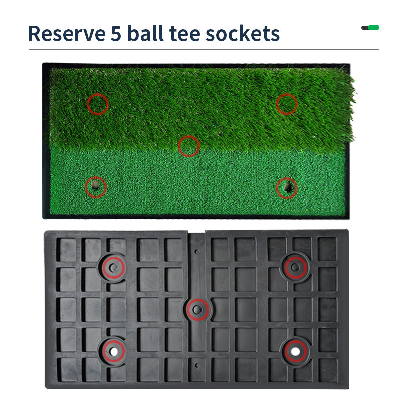 2 in 1 Double Grass Golf Hitting Mat: reverse 5 ball tee sockets